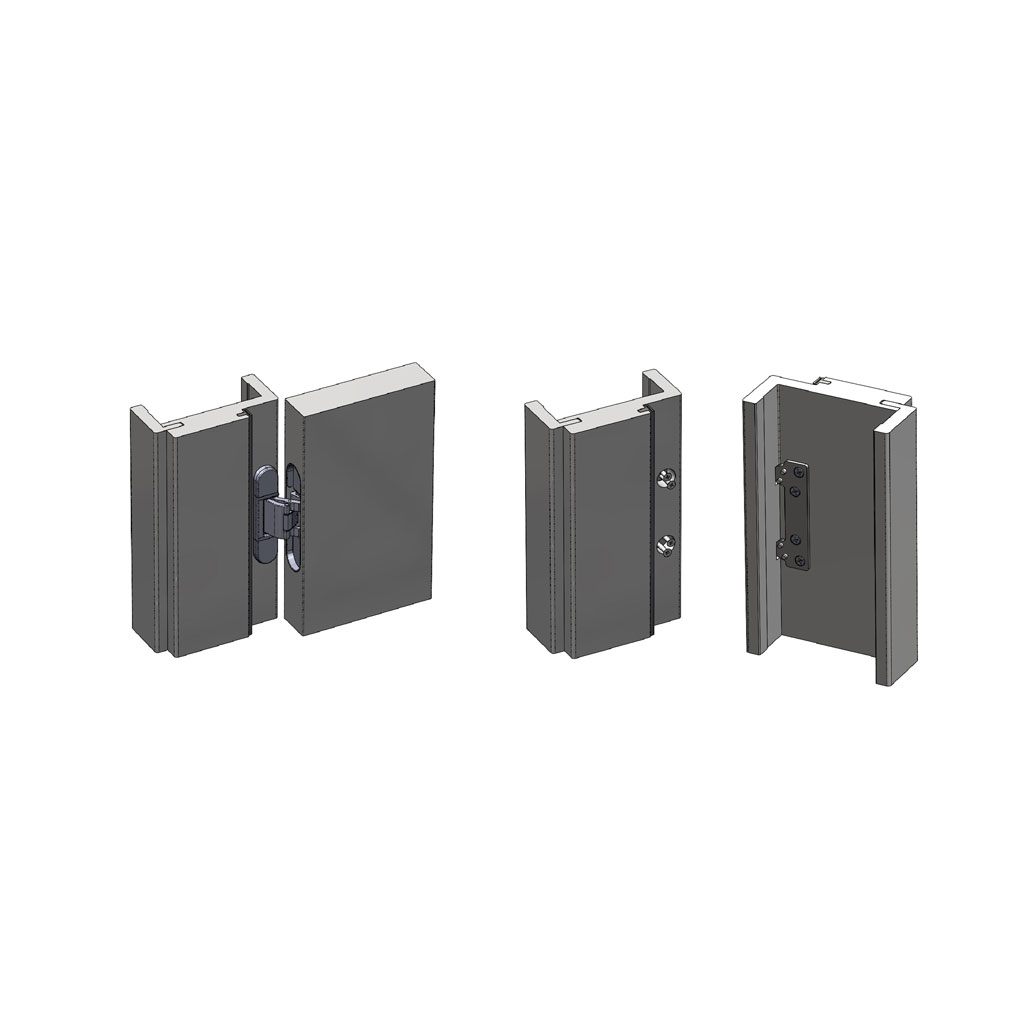 3D image of a casing frame element on which a Fixing plate HPZA120 is fixed, on which the CFHD60 Hinge product is screwed from opposite outer side.