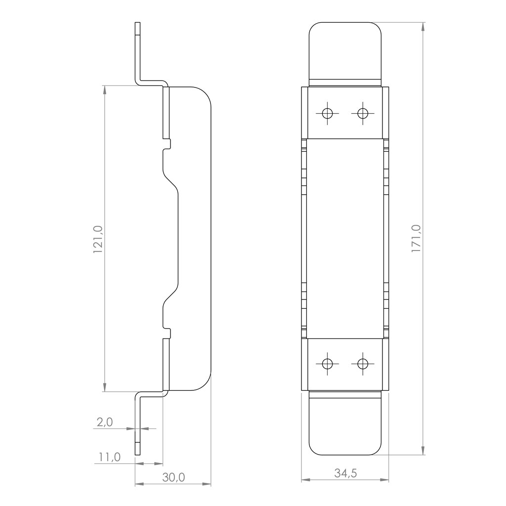 Technical overview with dimensions of a Fixing plate for installing CFHD60 into a Steel door profile