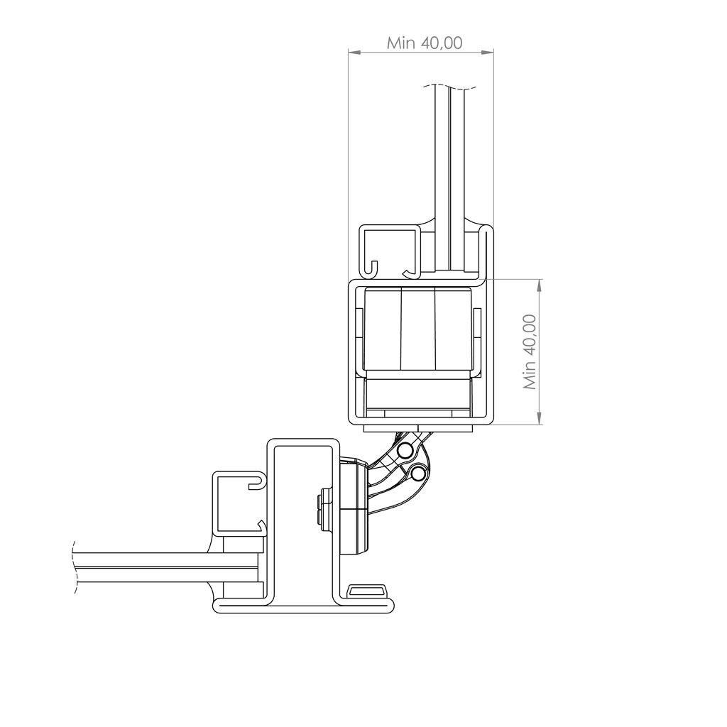 Ninety degree opened steel and glass door with Straq guiding element being fixed into the door element profile
