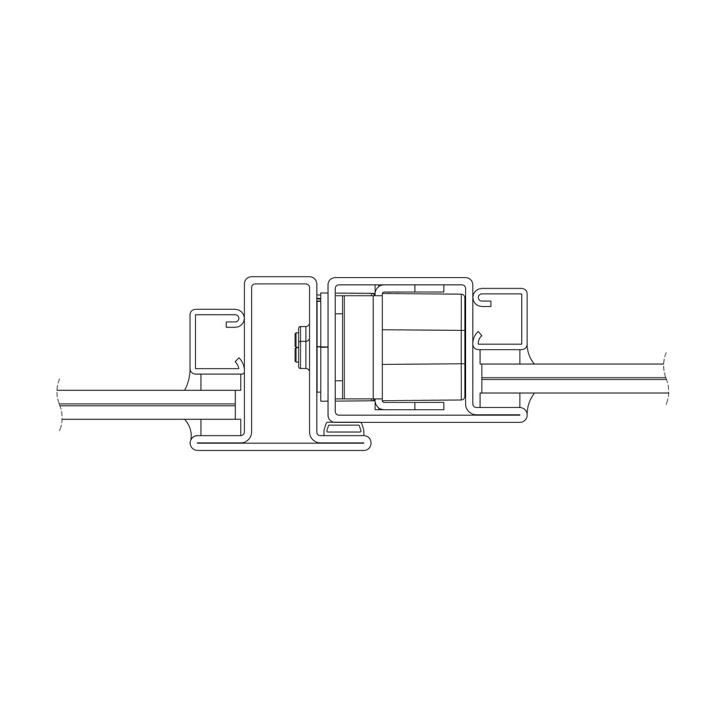 Top view cross section of a steel door element with inner glass secton being installed on a steel profile doorframe, being in closed position.